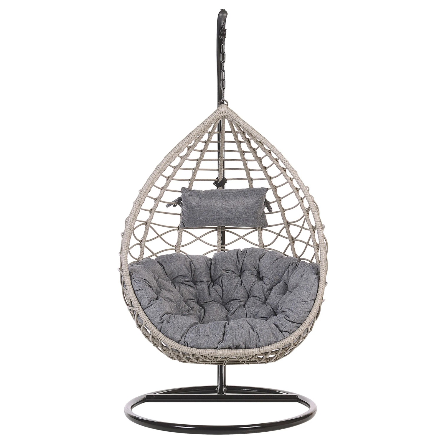 Beliani Hängesessel Grau-Schwarz mit Gestell, Kissen und Polyrattan-Korb.