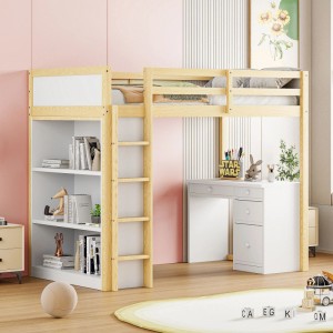 KOMHTOM Hochbett 90x200Cm Mit Aufbewahrungsschränken Und Computertisch Multifunktionales Kinderbett Holz Weiß+Holzfarbe Ohne Matratze