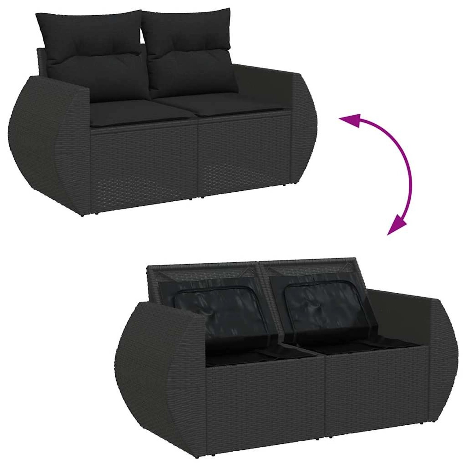 Schwarze vidaXL Garten-Sofagarnitur aus Rattan mit Kissen und Stauraum unter der Sitzfläche.