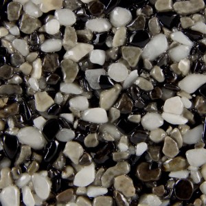 Terralith Marmor Steinteppich Mix Contrasto Due: Nahaufnahme von schwarzen, weißen und grauen Natursteinen, 2-4 mm Körnung.