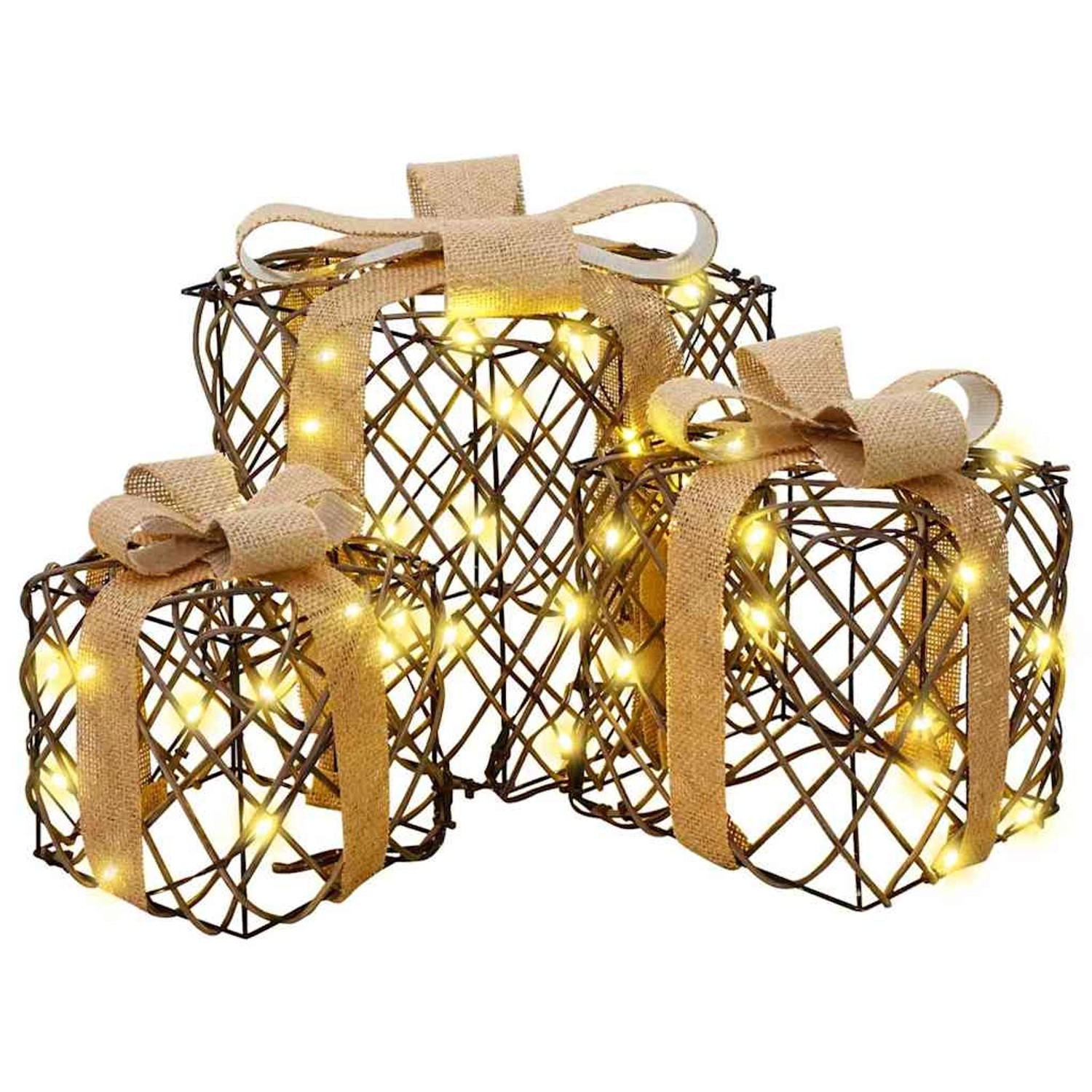 vidaXL Geschenkbox mit 60 LEDs 3 Stk Warmweiß 20 x 20 x 20 cm Rattan 42019097