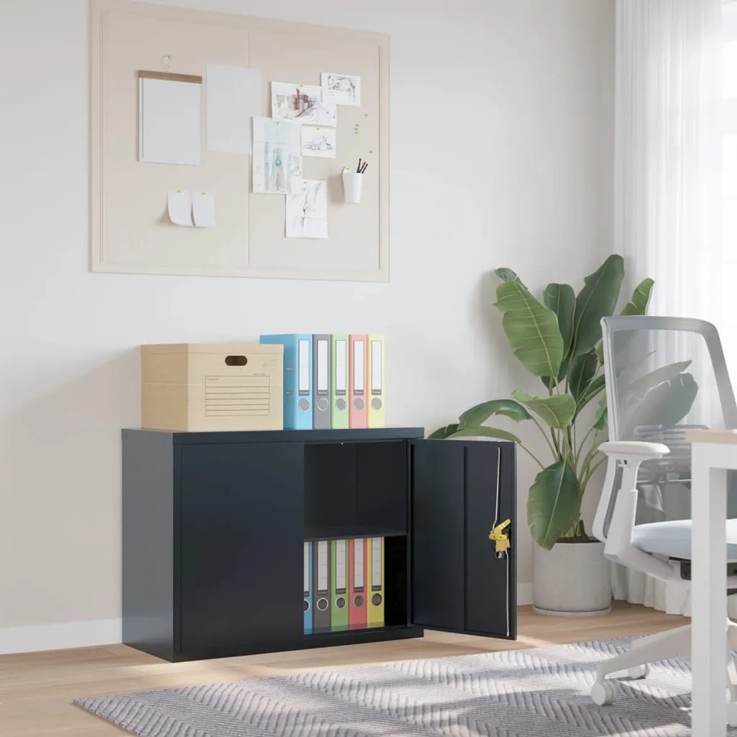 Anthrazitfarbener vidaXL Aktenschrank aus Stahl, 90x40x70 cm, mit offenem Fach und Ordnern.