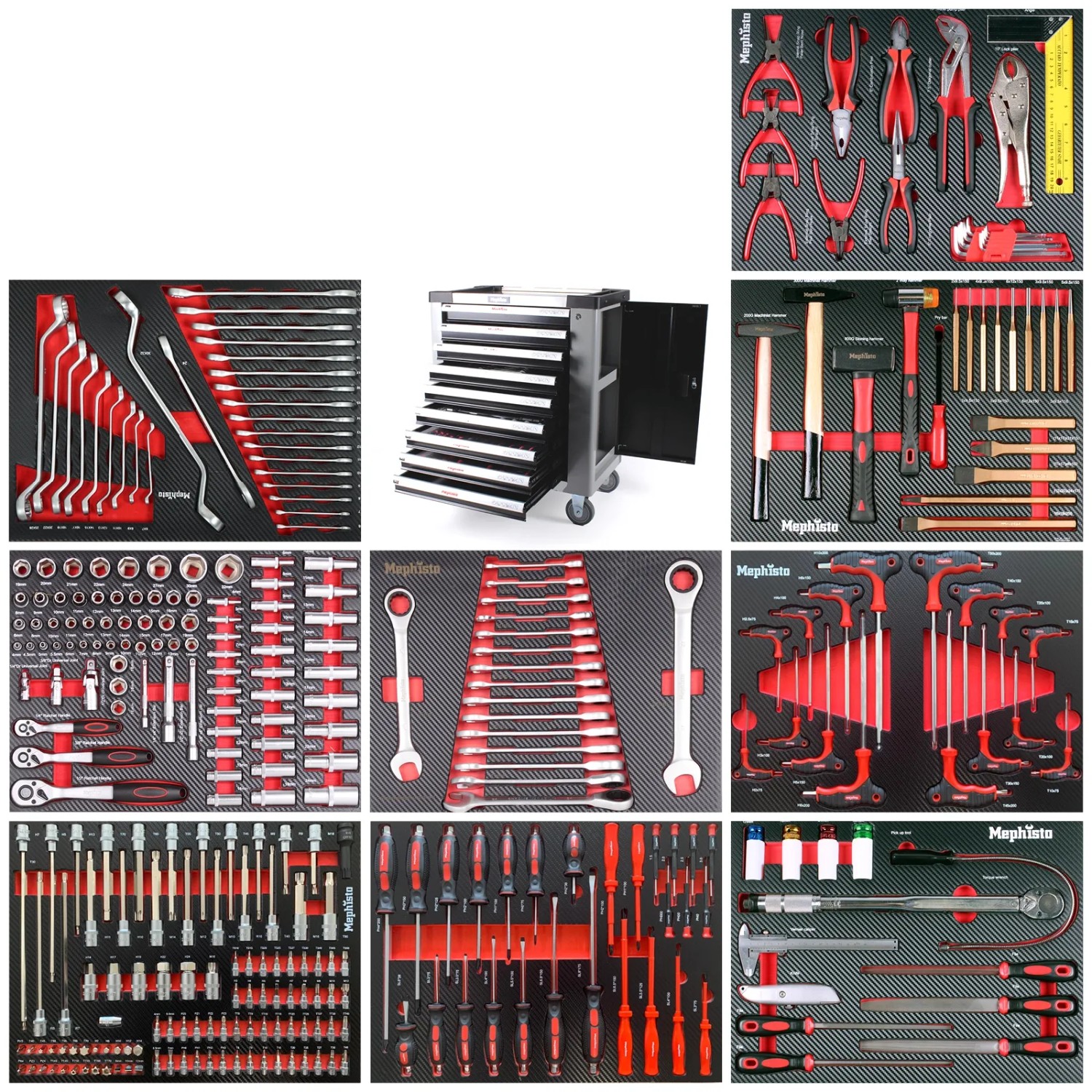 Mephisto Premium XXL Werkzeugwagen mit Werkzeugsortiment in 9 Schubladen und Ringschlüssel-Set.