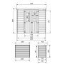 Technische Zeichnung Timbela Holz-Gartenhaus M310C: Maße und Ansichten des Gartenhauses.