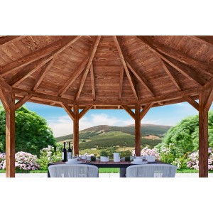 Skan Holz Pavillon Colmar 2 aus Douglasie, Ø 420 cm, Nussbraun, mit Tisch und Stühlen.