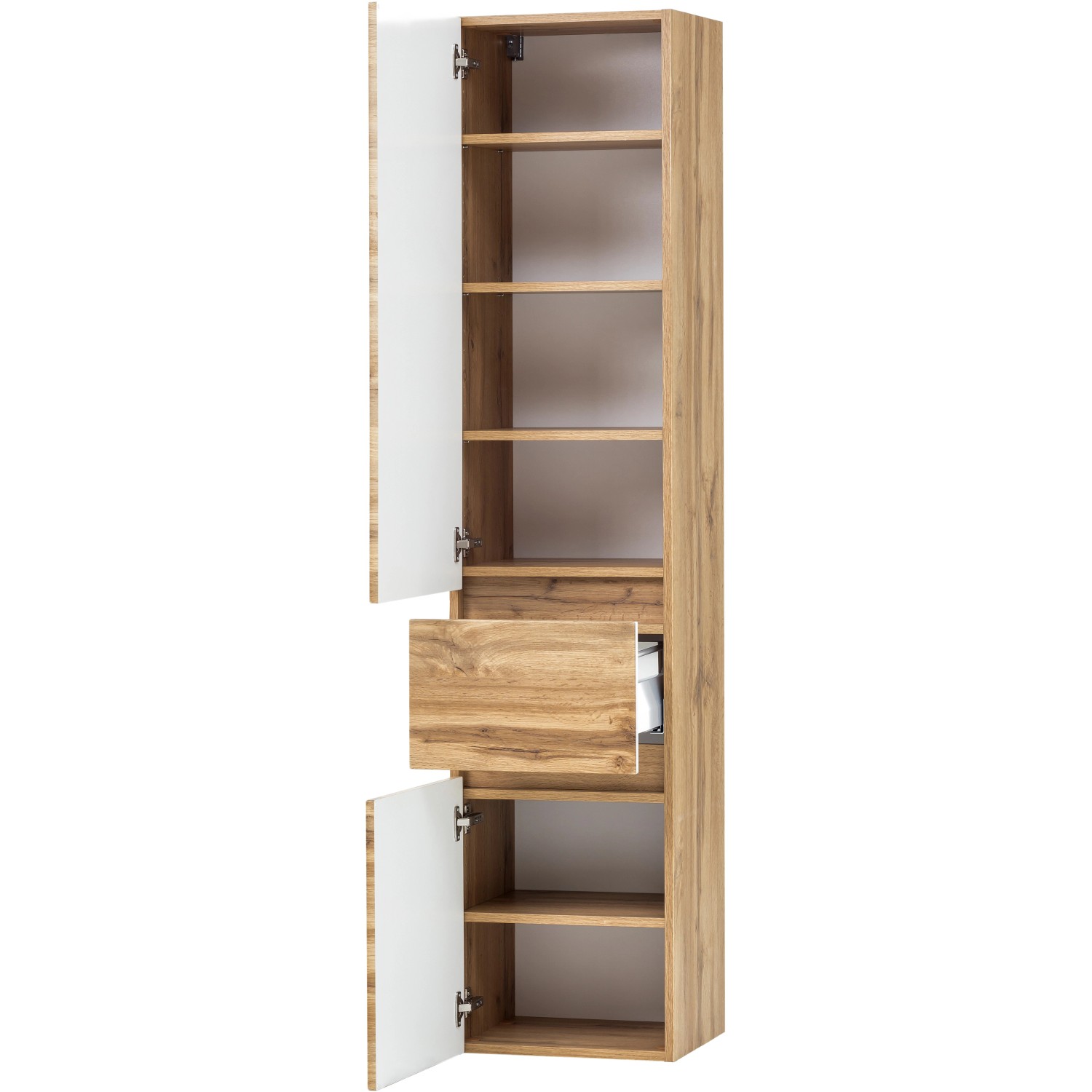 Held Möbel Hochschrank Trient, 40 cm, Wotaneiche mit Schublade und offenen Fächern.