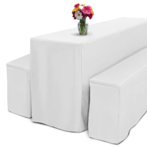 Beautissu Basic L Biertischhusse, 3-teilig, weiß, für Bierzeltgarnituren mit Blumenvase.