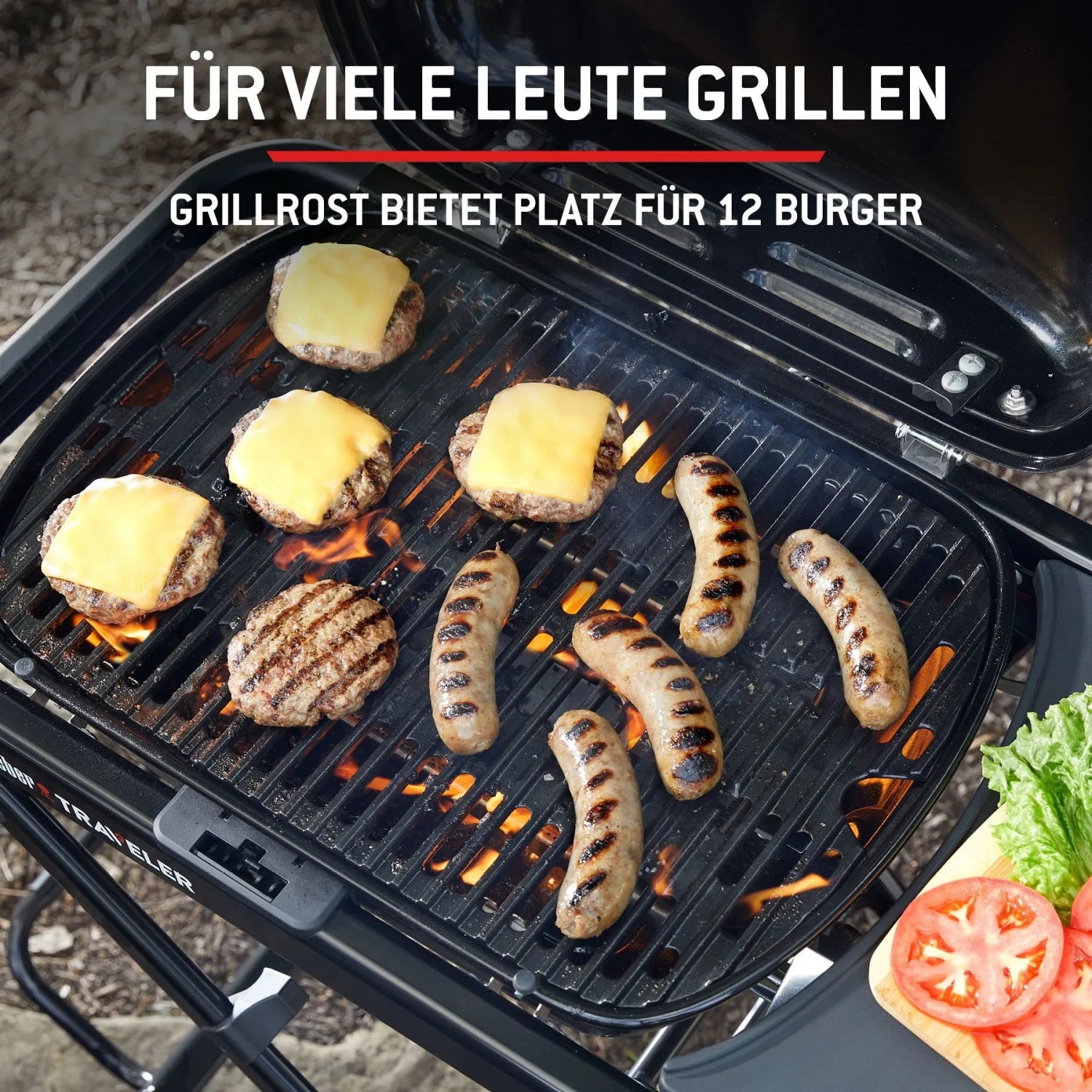 Weber Gasgrill Traveler Compact: Grillrost mit Würstchen und Burger mit Käse.