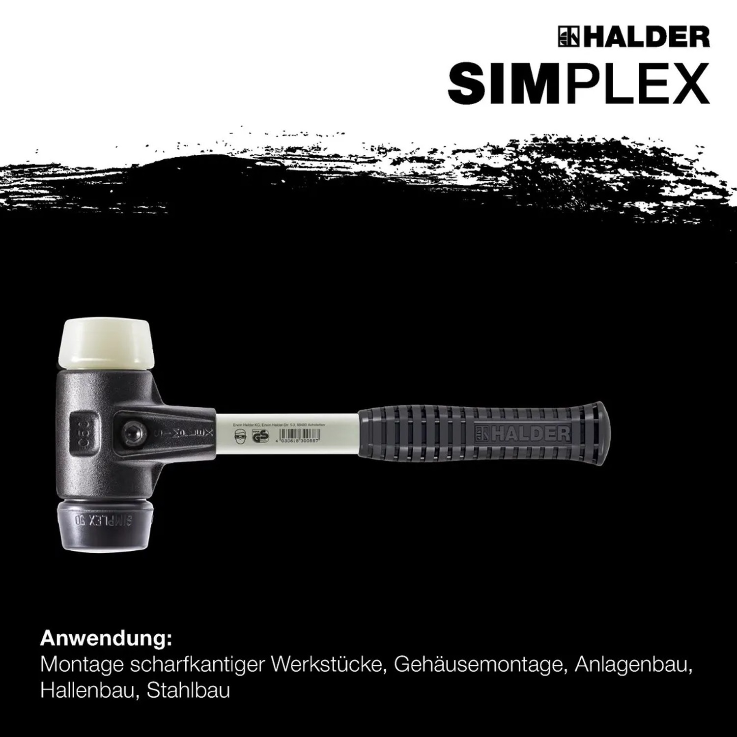 Halder Simplex Schonhammer mit schwarzem Gummi- und hellem Nylon-Einsatz, Fiberglasstiel, für Montagearbeiten.