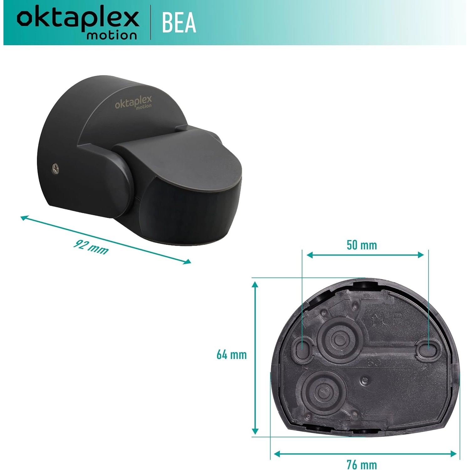 Oktaplex Bea Bewegungsmelder für Außen, IP65, 10m Reichweite, anthrazitfarben, mit Maßangaben.