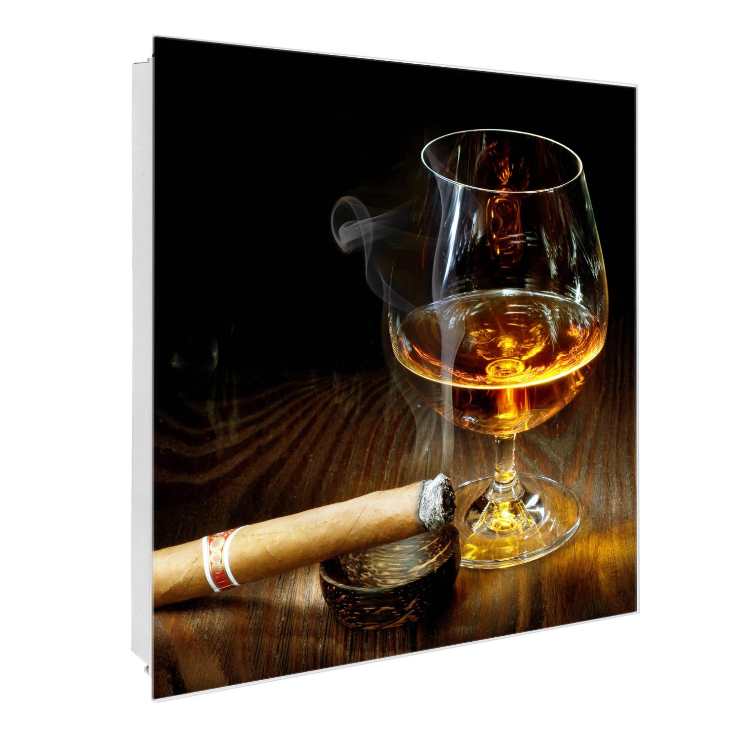 Banjado Großer Schlüsselkasten Glas 30x30cm Weiß Scharnier Rechts 50 Haken Beschreibbar Magnetisch Motiv Whiskey & Cigar