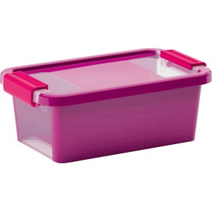 Violette Aufbewahrungsbox Bi XS mit Deckel und transparentem Sichtfenster.