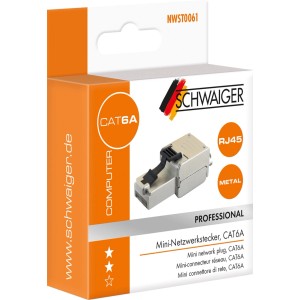 Schwaiger CAT6A Mini RJ45 Netzwerkstecker aus Metall auf weiß-oranger Produktverpackung. Robustes Design.