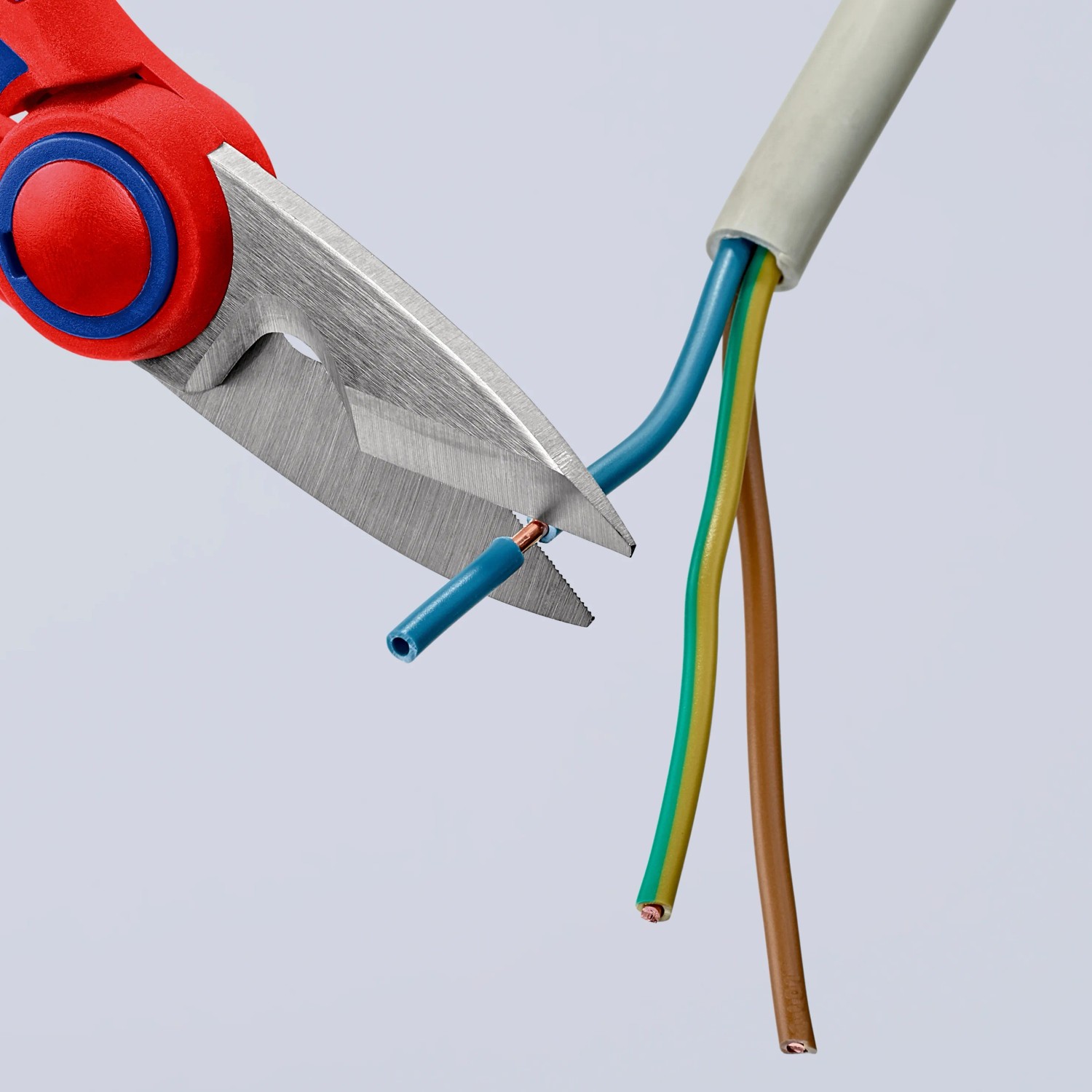 Knipex Elektrikerschere 160 mm schneidet blaues Kabel. Zange mit rot-blauem Griff.