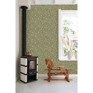 ESTAhome Vliestapete mit olivgrünem Blumenmuster im Vintage-Stil, an einer Wand in einem Wohnraum.