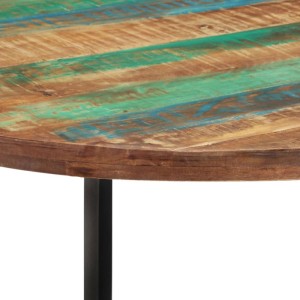 Runder Esstisch aus mehrfarbigem Altholz Massivholz mit grünen und blauen Farbakzenten und schwarzem Eisenbein.