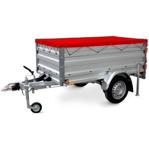 Stema Anhänger Variolux 850 gebremst mit Bordwandaufsatz und roter Flachplane.