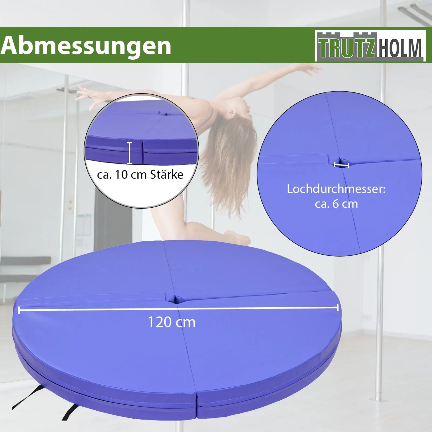 Blaue TRUTZHOLM Tanzstangenmatte, 120 cm Durchmesser, 10 cm dick, faltbar.
