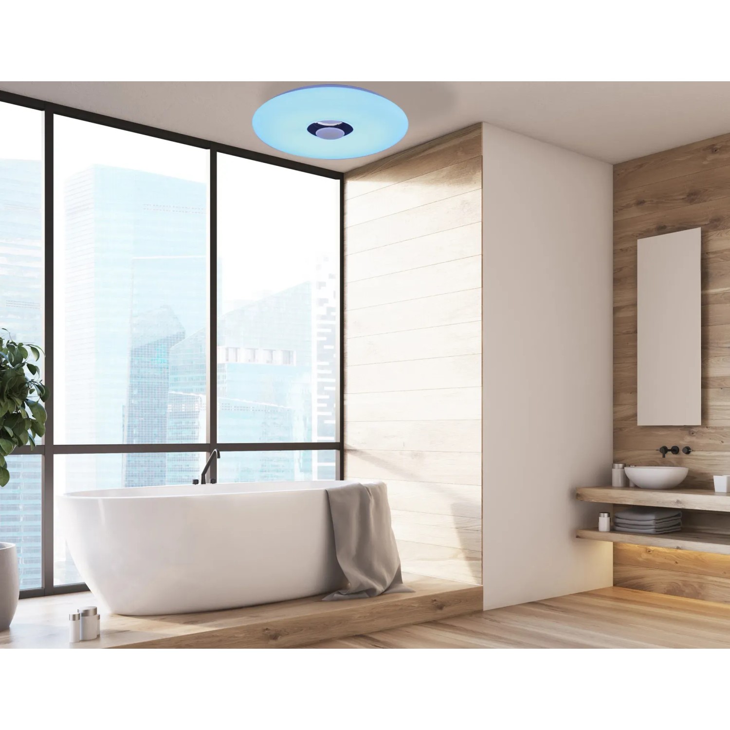 Weiße LED-Deckenleuchte Nashville von Näve mit Bluetooth Lautsprecher im Badezimmer.