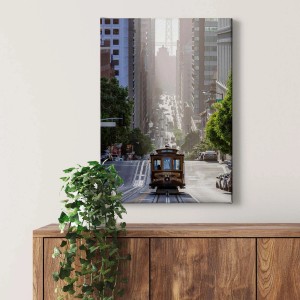 Wandbild San Francisco mit Cable Car, modernes Leinwandbild im Hochformat für Wohnzimmer und Schlafzimmer.