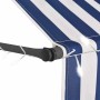 Detailaufnahme: Blau-weiß gestreifte vidaXL Markise mit LED-Beleuchtung und Handkurbel.