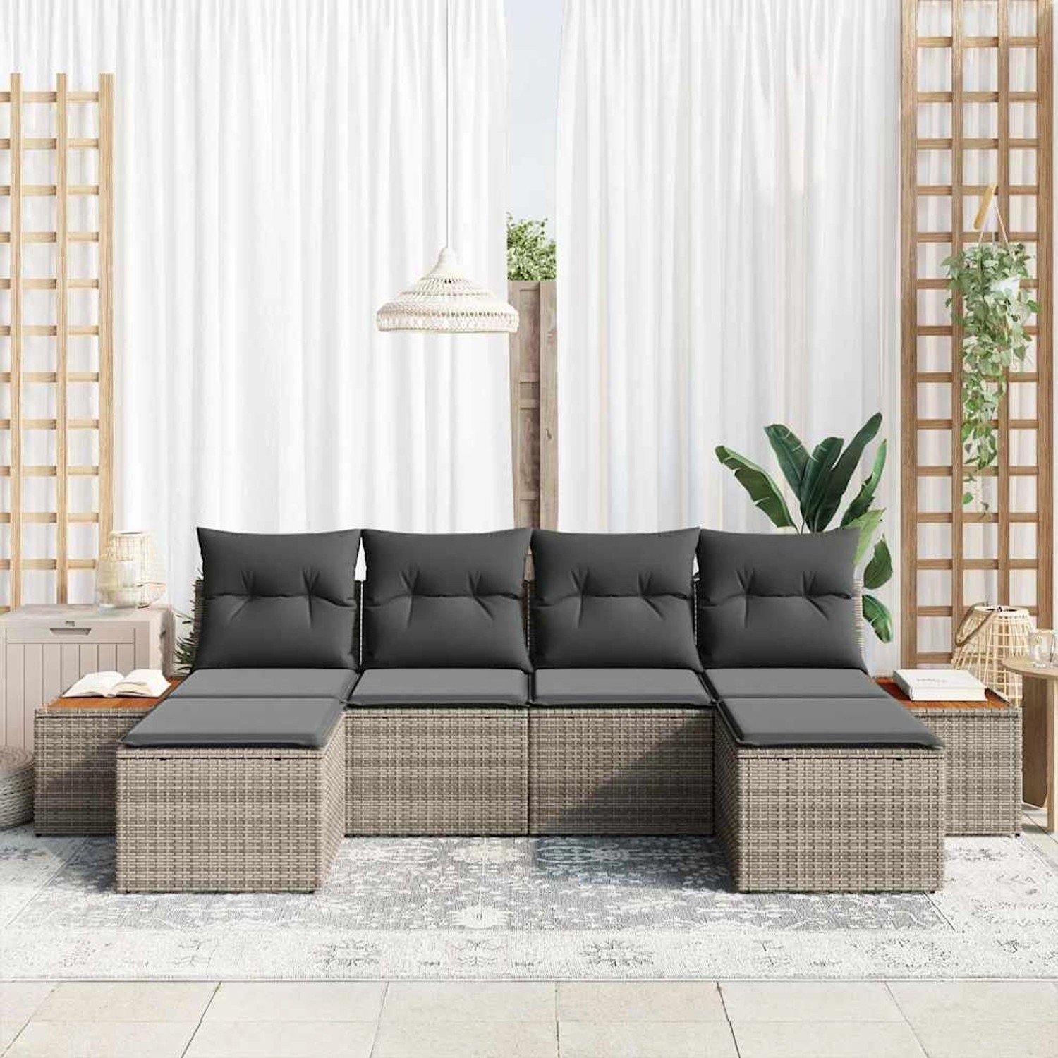Graues 6-tlg. vidaXL Garten-Sofa-Set aus Poly Rattan mit Kissen für den Garten.