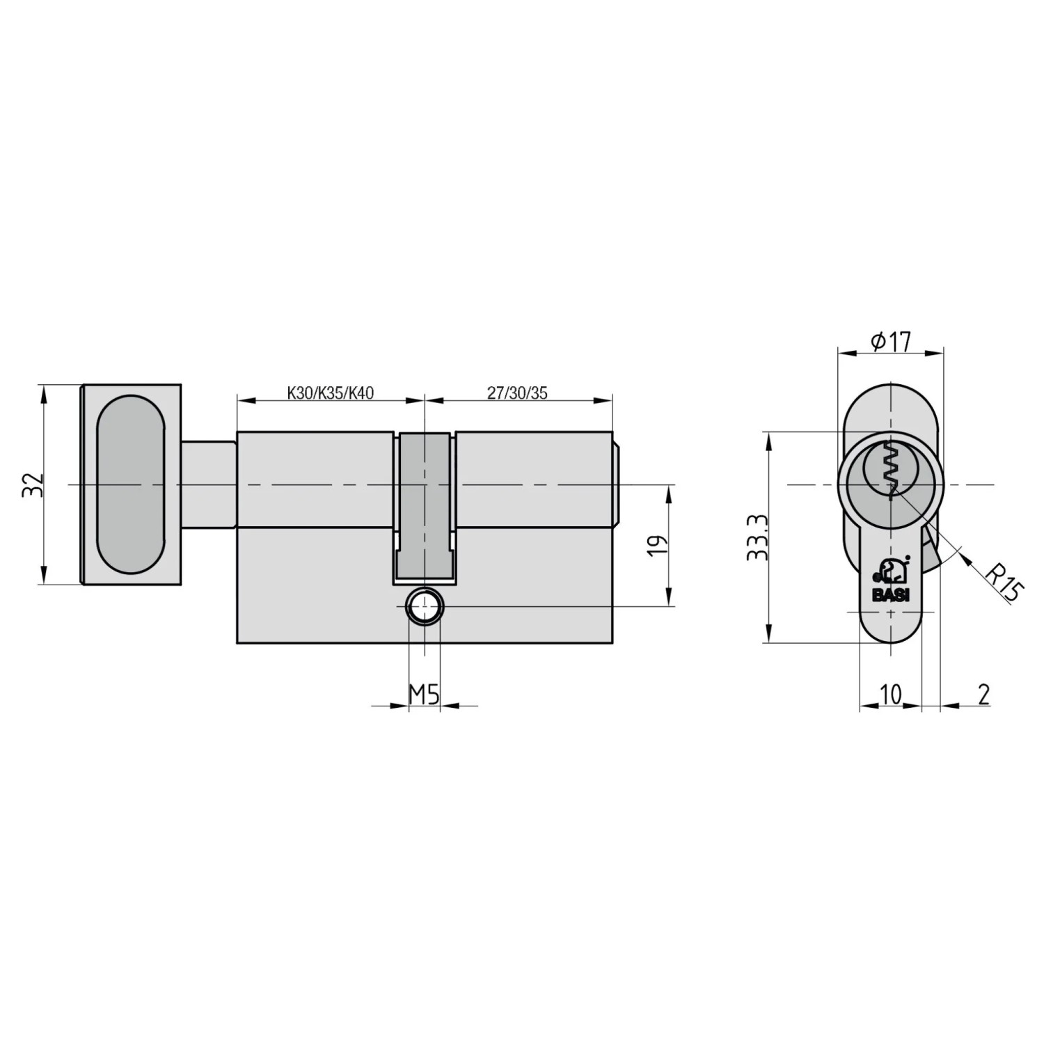 Technische Zeichnung: Basi V50 Profil-Knaufkurzzylinder K40/27, Maße und Details.