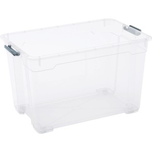 Transparente OBI Allzweckbox Cadiz XL mit Rollen und grauen Verschlussclips.