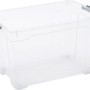 Transparente OBI Allzweckbox Cadiz XL mit Rollen und grauen Verschlussclips.