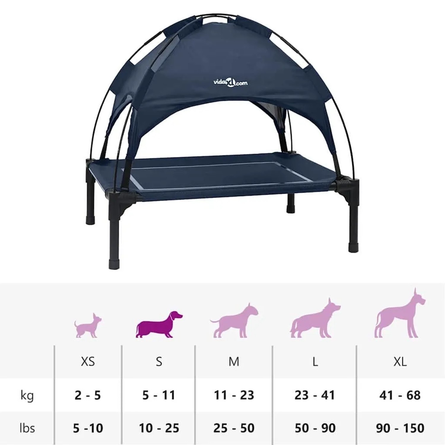 Marineblaues Hundebett aus Stahl mit abnehmbarem Sonnendach. Erhöhtes Hundekörbchen für Komfort und Schatten.