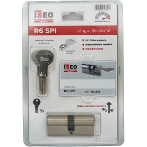Iseo Profilzylinder R6 SPI 35/35 im Blister mit 5 Schlüsseln, Sicherungskarte und Befestigungsschraube.