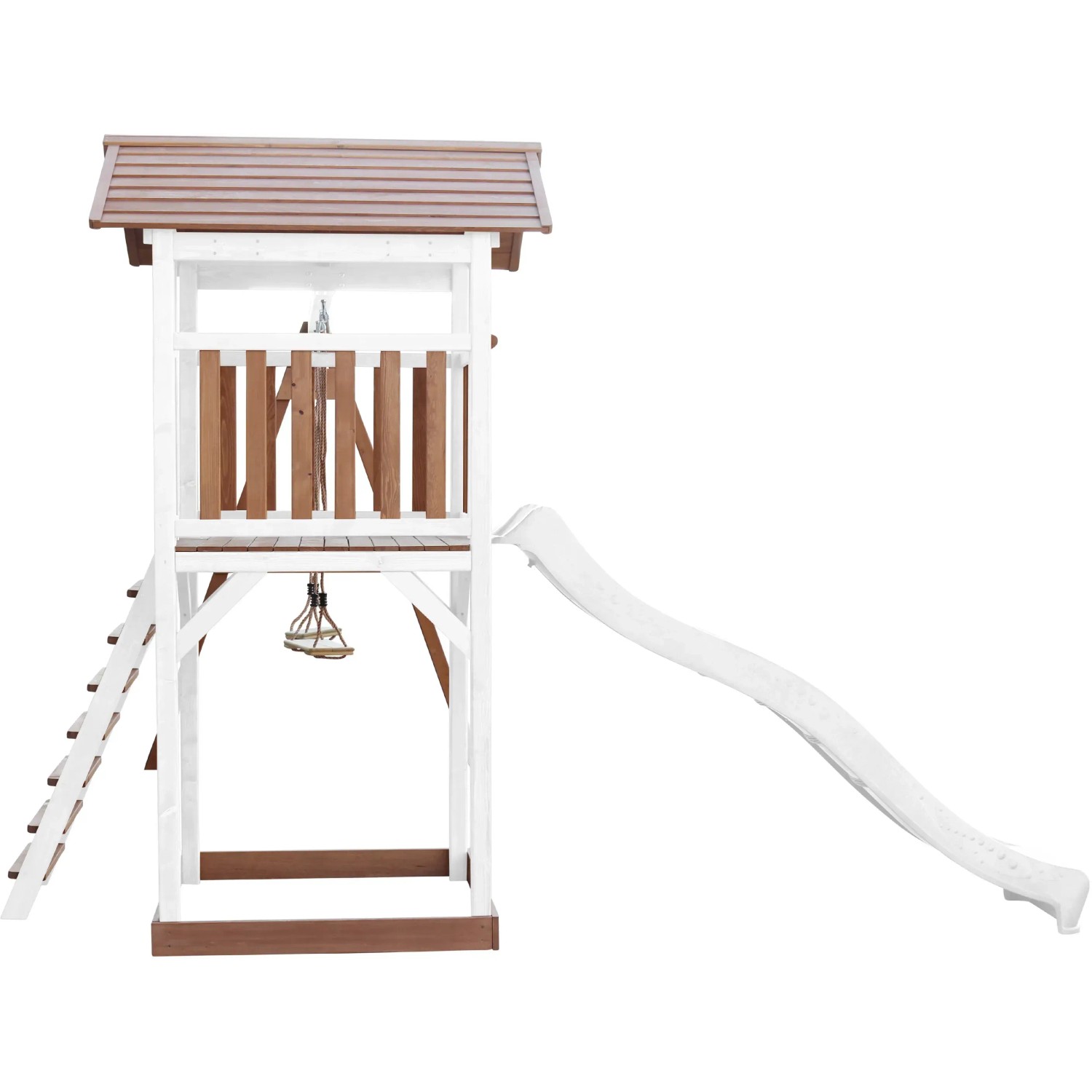 Axi Beach Tower Spielturm mit Doppelschaukel und Rutsche, braun-weiß.
