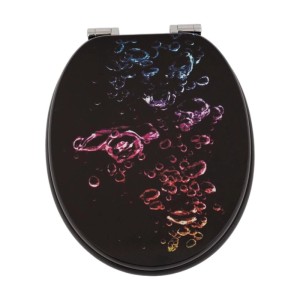Sinobath WC-Sitz mit Absenkautomatik, schwarz mit farbigen Neonblasen-Design. Robust, bequem und leicht zu reinigen.