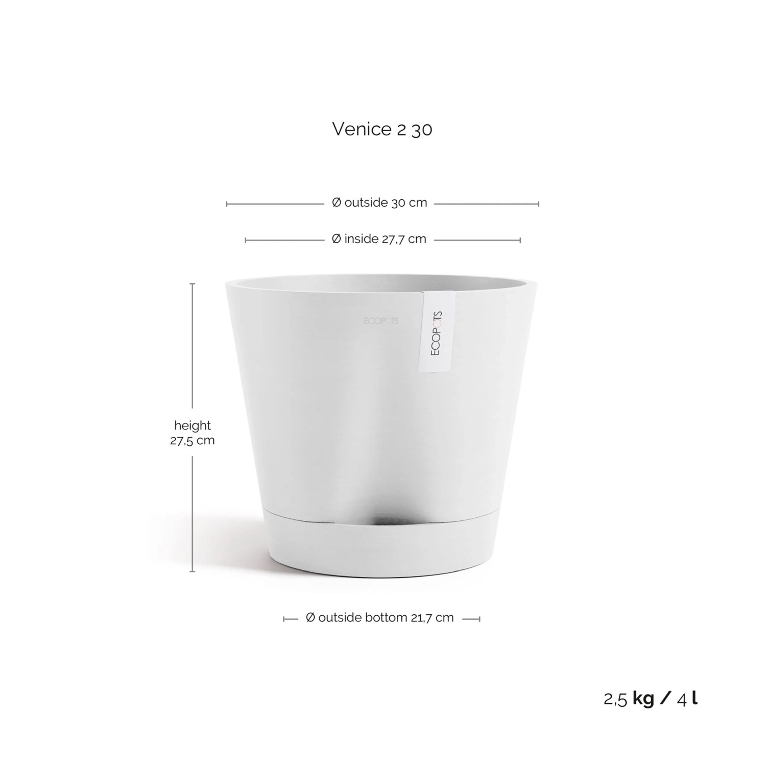 Weißer Ecopots Pflanztopf Venice 2 mit Untersetzer, 30x26,3 cm.