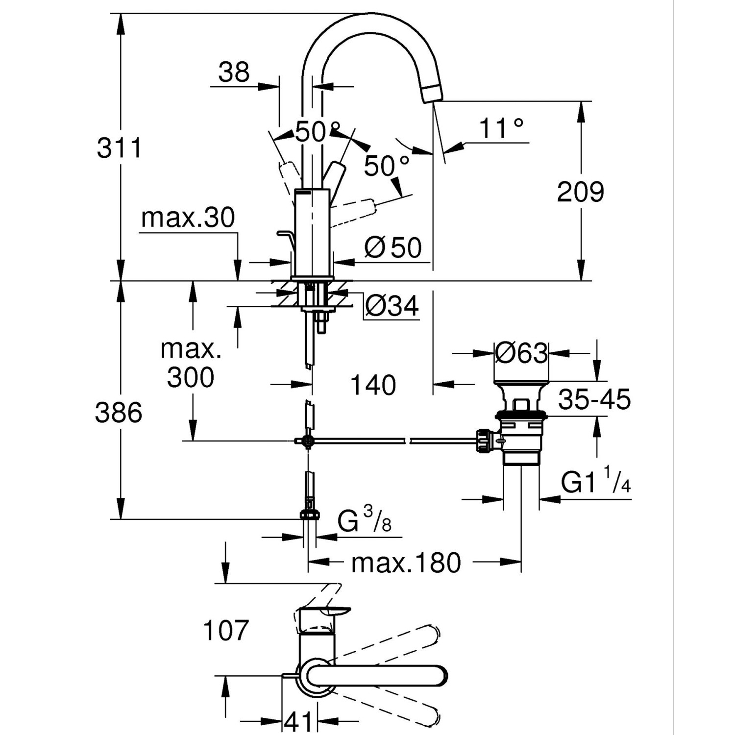 Technische Zeichnung: Grohe QuickFix Waschtischarmatur Start Alira Chrom L mit Maßen.