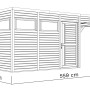Skizze: Bertilo Holz-Gartenhaus Cubus 3 Lounge, hellgrau, 559x234 cm, mit Maßen.