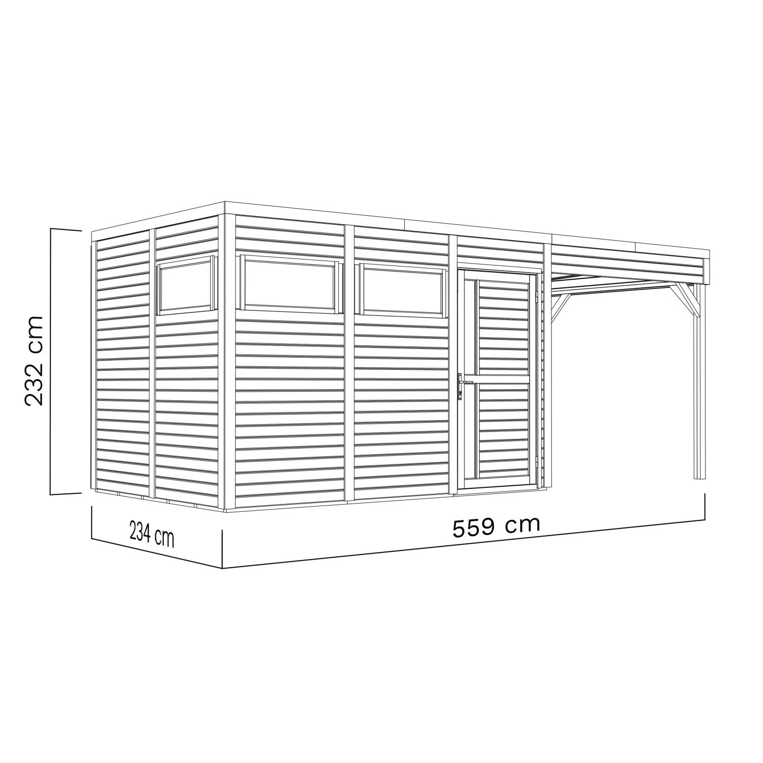 Skizze: Bertilo Holz-Gartenhaus Cubus 3 Lounge, hellgrau, 559x234 cm, mit Maßen.