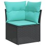 Schwarzes Ecksofa aus Rattan mit türkisfarbenen Kissen, Teil der 5-tlg. vidaXL Garten-Sofagarnitur.