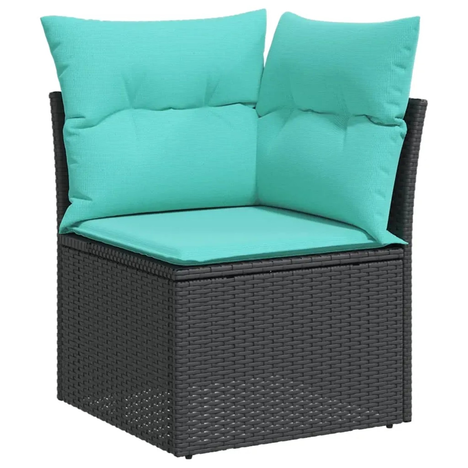 Schwarzes Ecksofa aus Rattan mit türkisfarbenen Kissen, Teil der 5-tlg. vidaXL Garten-Sofagarnitur.
