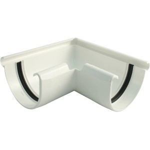 Weiße Marley Dachrinnen Außenecke RG 75 aus Kunststoff für 90°-Verbindungen.