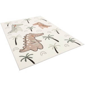 Bunter Kinderteppich mit Dino-Motiven, geeignet für Fußbodenheizung, 80x150cm.