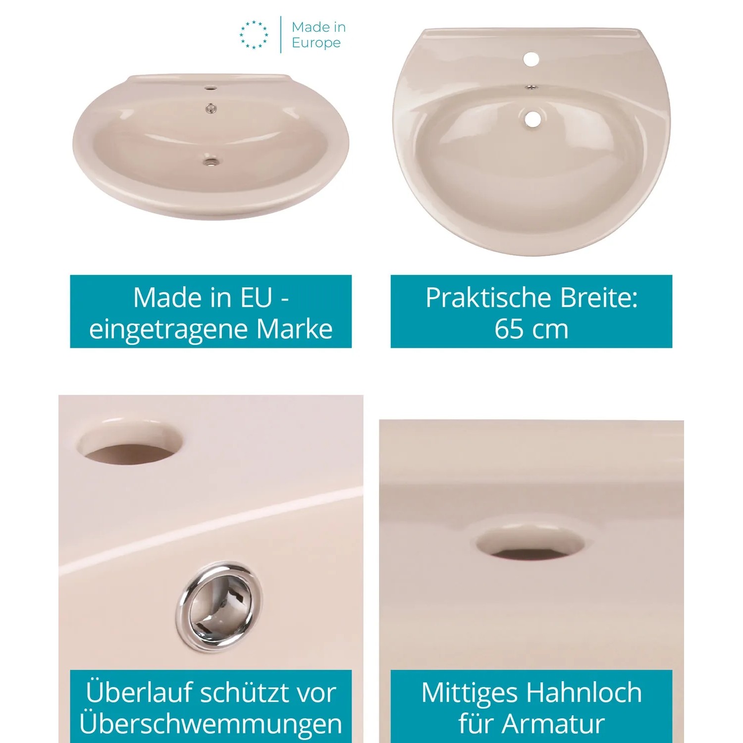 Calmwaters Hänge-Waschbecken 65 x 54 cm Beige-Bahamabeige Oval  