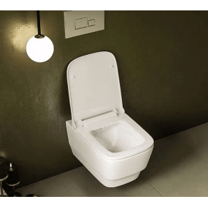 Weißes spülrandloses Taharet Dusch-Wand-WC mit Soft-Close Sitz in modernem Badambiente.
