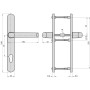 Technische Zeichnung: Silberne Griffgarnitur 72/8 mm für Nebeneingangstür, Maße und Details.