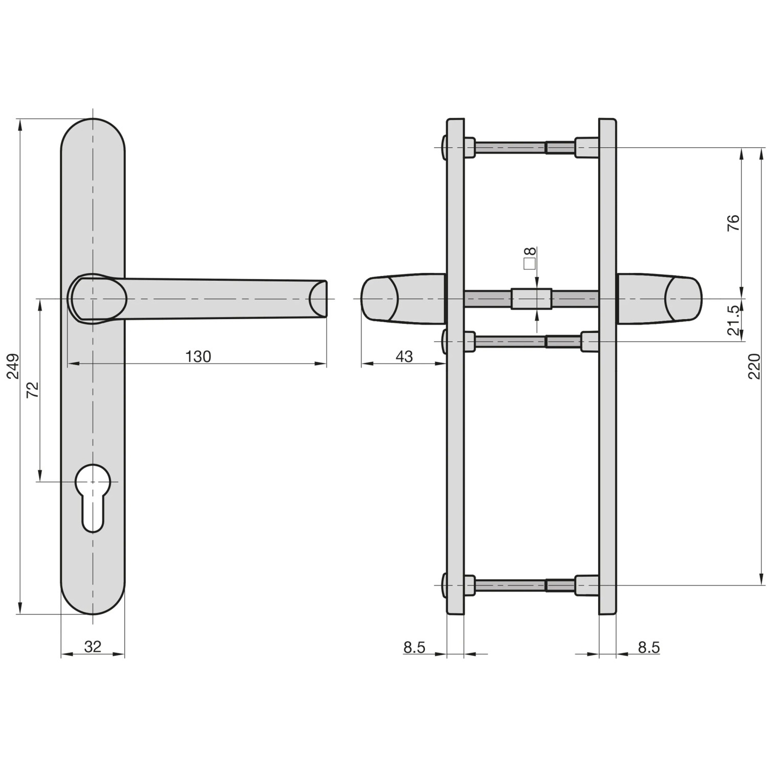 Technische Zeichnung: Silberne Griffgarnitur 72/8 mm für Nebeneingangstür, Maße und Details.