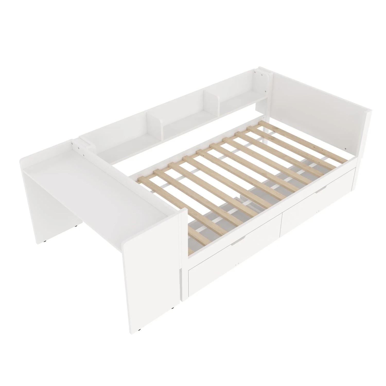 okwish Flachbett 90x200cm mit Schreibtisch und 2 Schubladen Weiß ohne Matratze