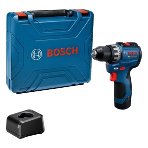 Bosch PRO Akku-Bohrschrauber GSR 12V-31 Set mit blauem Systemkoffer und schwarzem Ladegerät. Kompakter Bohrschrauber.
