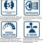 Icons der Bosch GSB 19-2 RE Schlagbohrmaschine: Drehmomentkontrolle, Autolock, Drehzahlvorwahl, 2-Gang Getriebe.