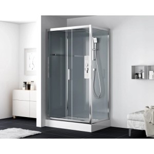 Moderne Duschbox 80x120cm mit Sicherheitsglas, Chromprofilen, Schiebetür, Duschwanne, Kopf- und Handbrause.