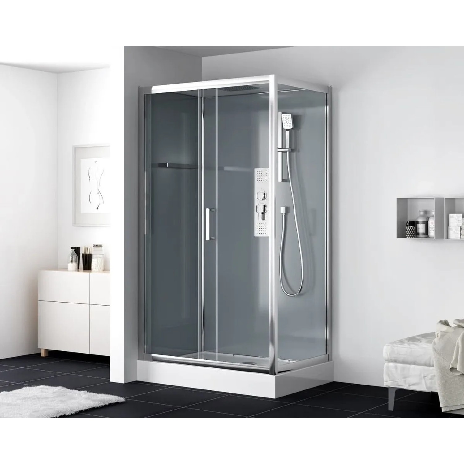 Swiss Aqua Technologies Duschbox Komplettdusche Sicherheitsglas mit Schiebetür 80x120CM Inkl. Duschwanne und Duschsystem Chrom